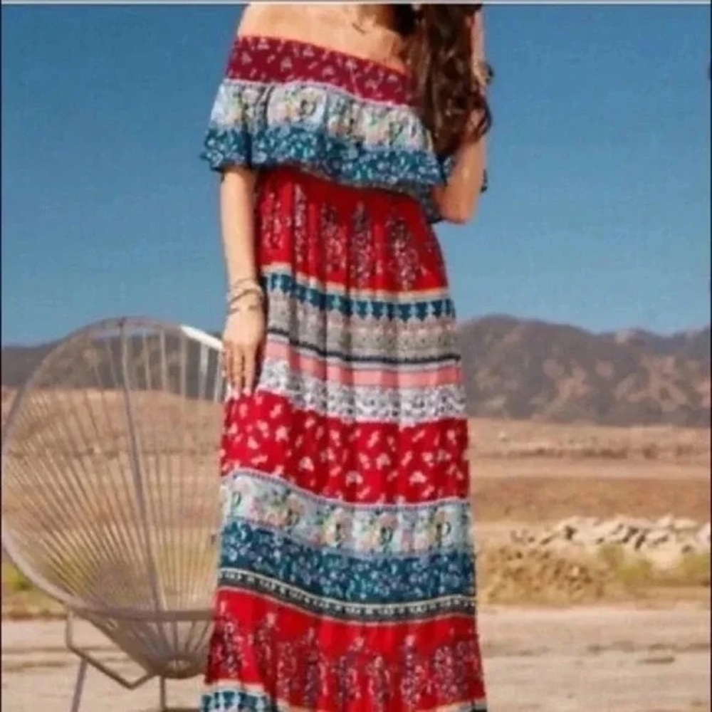 Patrons of Peace Off-Shoulder Maxi Dress - Red and Blue | Size S